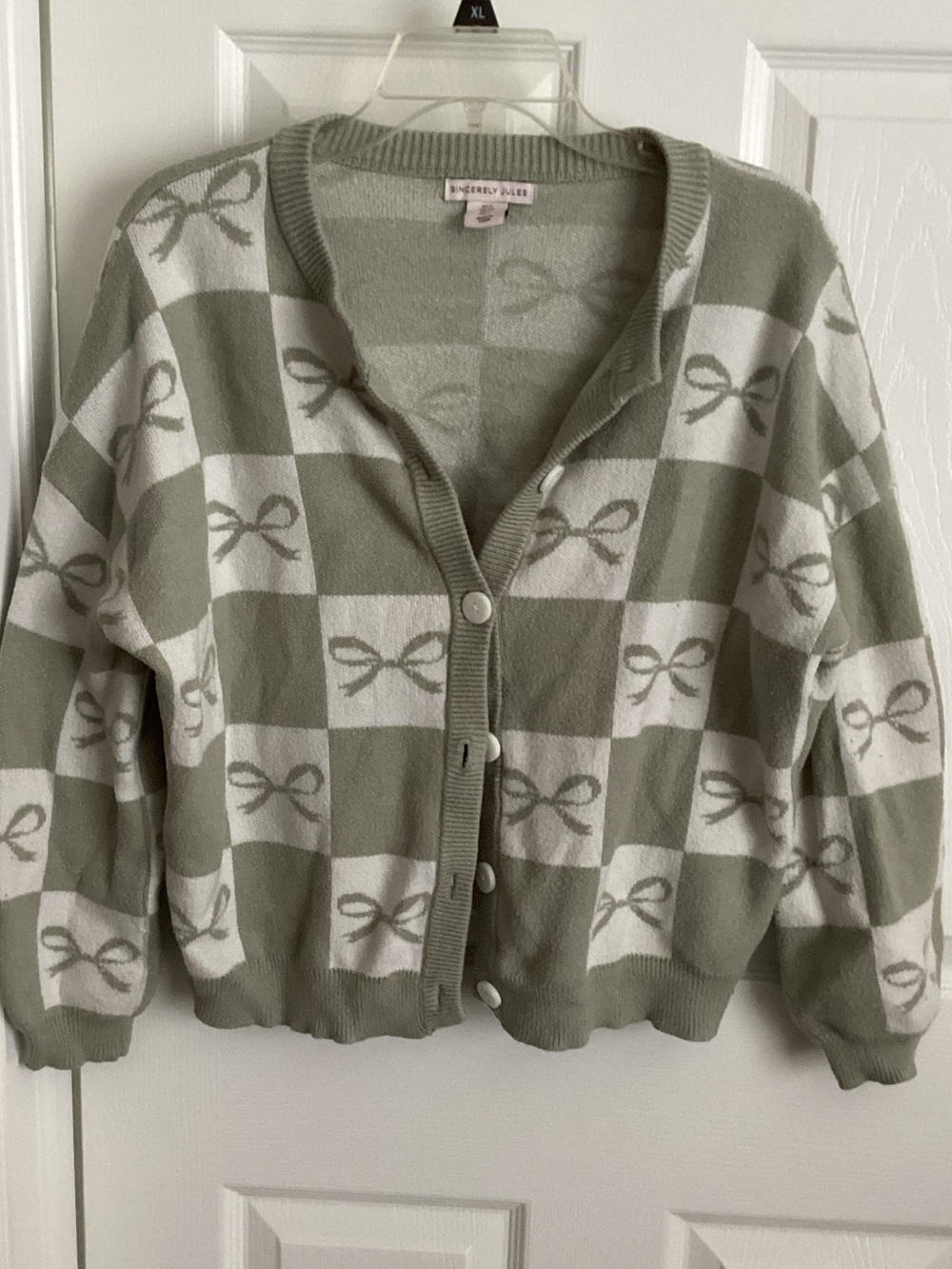 square bow check cardigan